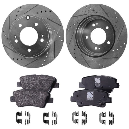 2-Wheel Set Rear Brake Disc and Pad Kit, Cross-drilled and Slotted 5 Lugs 282.96 mm Organic Pro-Line Series, Includes (1) Brake Pad Set and (2) Brake Disc