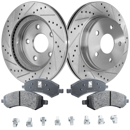 2-Wheel Set Front Brake Disc and Pad Kit, Cross-drilled and Slotted 5 Lugs 335.79 mm Semi-metallic, Includes (1) Brake Pad Set and (2) Brake Disc