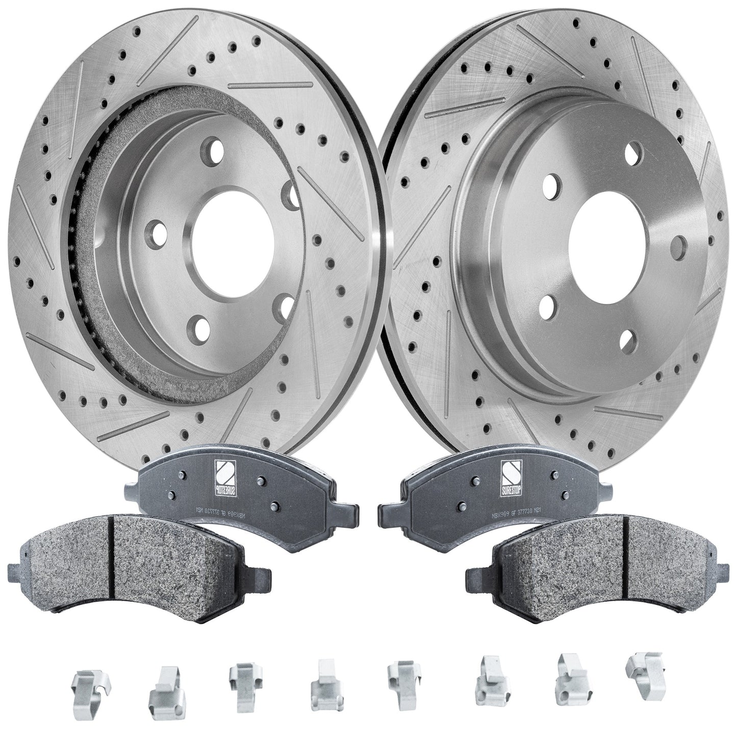 2-Wheel Set Front Brake Disc and Pad Kit, Cross-drilled and Slotted 5 Lugs 335.79 mm Semi-metallic, Includes (1) Brake Pad Set and (2) Brake Disc