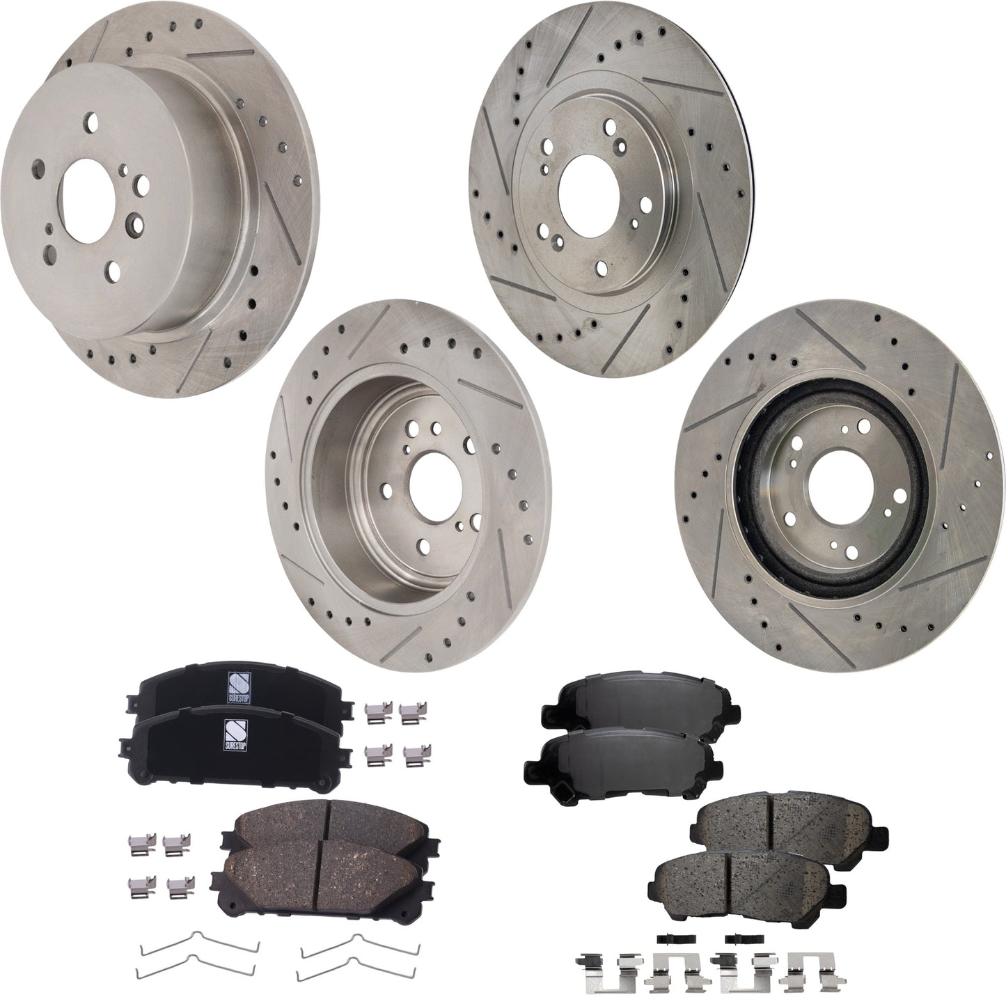4-Wheel Set Front and Rear Brake Disc and Pad Kit, Cross-drilled and Slotted Front-327.91 mm/Rear-309 mm, Includes (4) Brake Disc and (2) Brake Pad Set