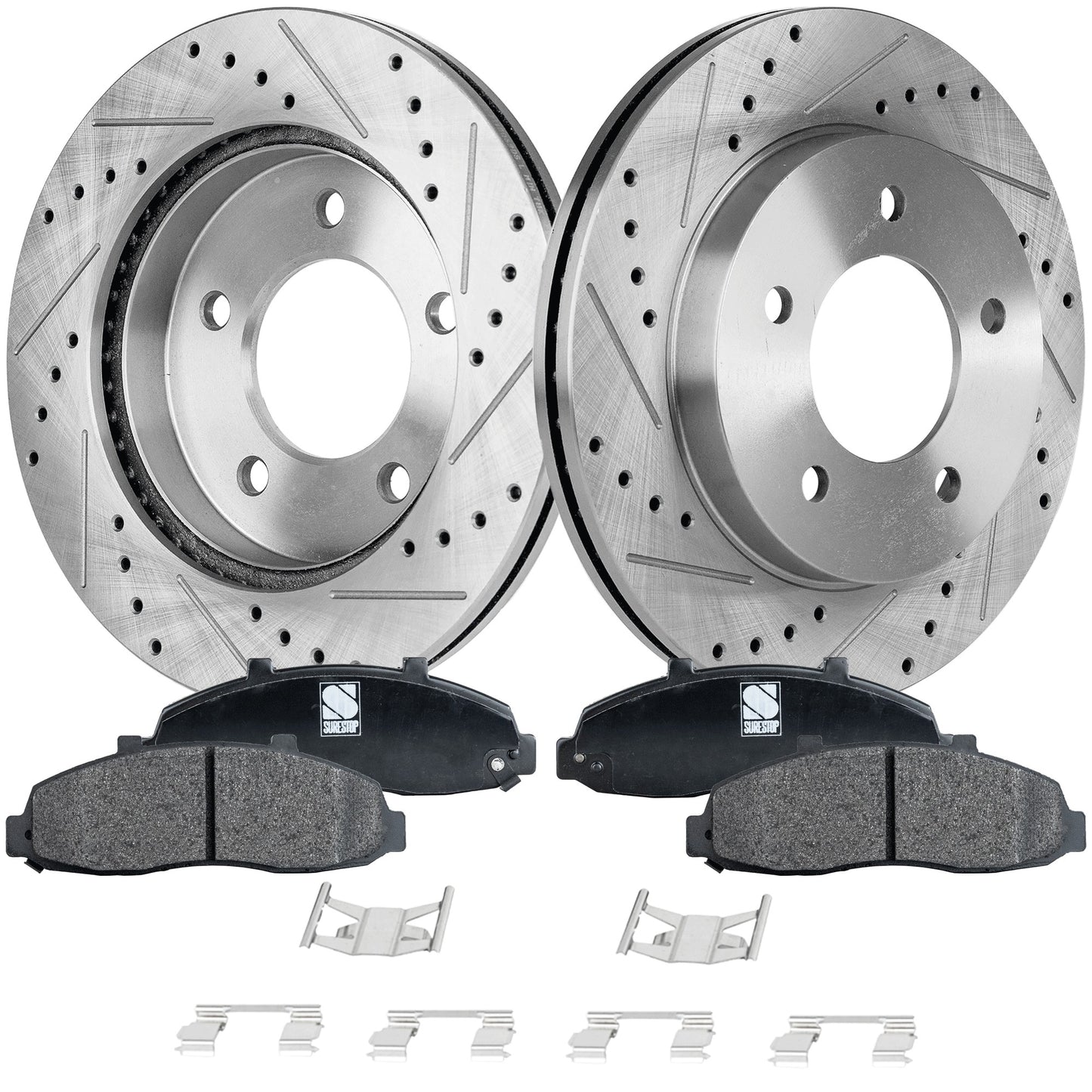2-Wheel Set Front Brake Disc and Pad Kit, Cross-drilled and Slotted 5 Lugs 308 mm Semi-metallic 4WD Pro-Line Series, Includes (1) Brake Pad Set and (2) Brake Disc