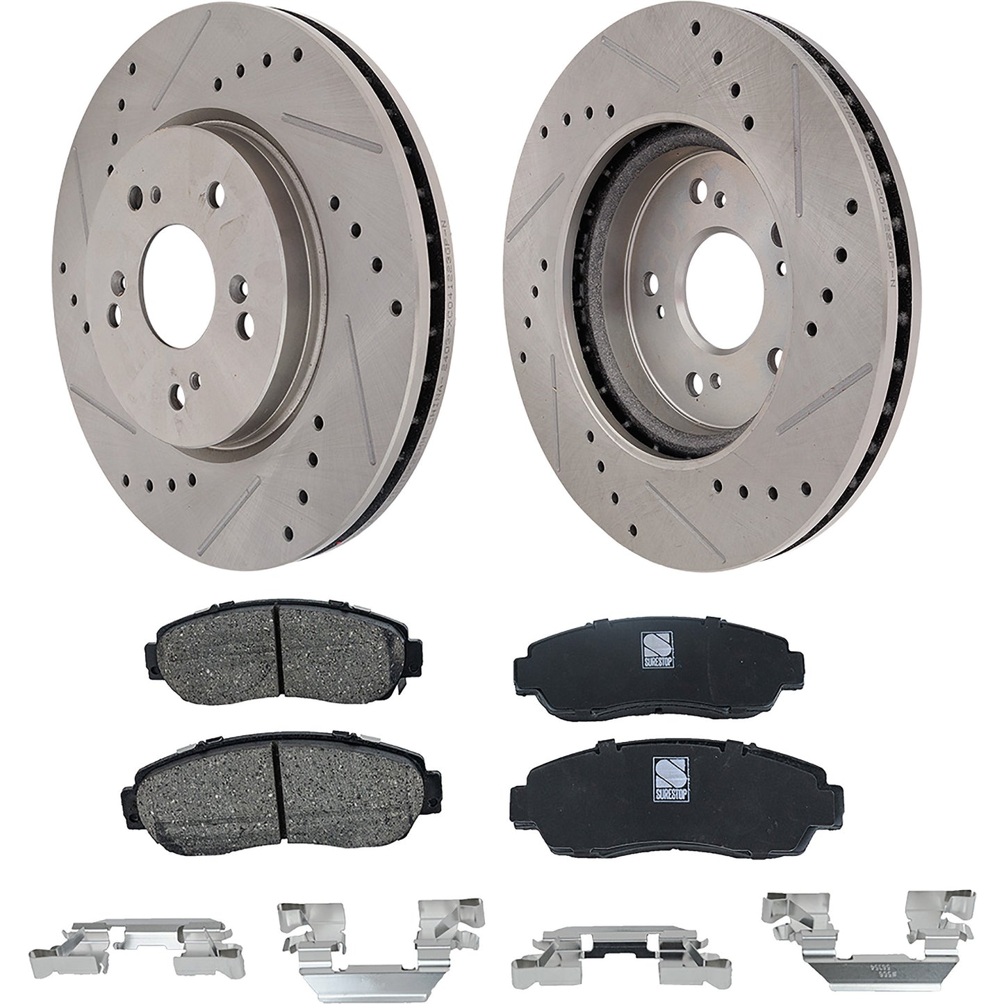 2-Wheel Set Front Brake Disc and Pad Kit, Cross-drilled and Slotted 5 Lugs 296 mm Ceramic Pro-Line Series, Includes (1) Brake Pad Set and (2) Brake Disc