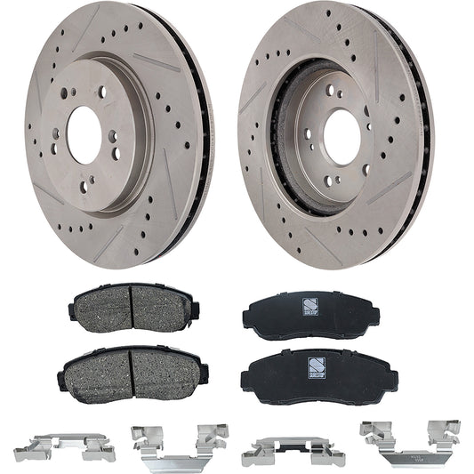 2-Wheel Set Front Brake Disc and Pad Kit, Cross-drilled and Slotted 5 Lugs 296 mm Ceramic Pro-Line Series, Includes (1) Brake Pad Set and (2) Brake Disc