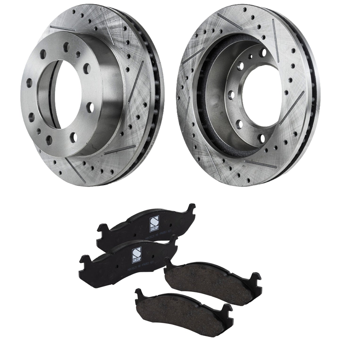 2-Wheel Set Front Brake Disc and Pad Kit, Cross-drilled and Slotted 8 Lugs 324.87 mm Semi-metallic Pro-Line Series, Includes (1) Brake Pad Set and (2) Brake Disc