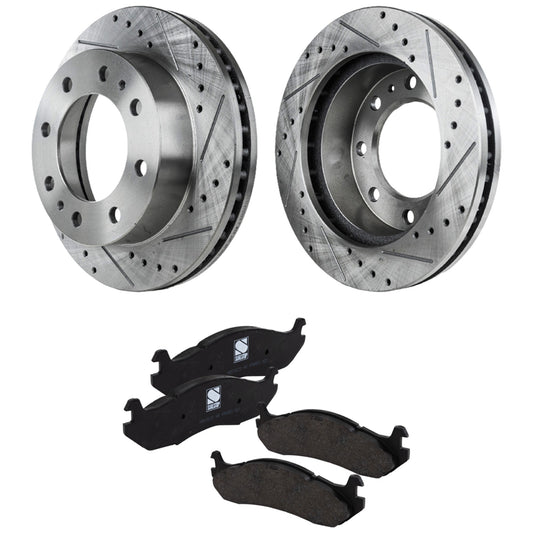 2-Wheel Set Front Brake Disc and Pad Kit, Cross-drilled and Slotted 8 Lugs 324.87 mm Semi-metallic Pro-Line Series, Includes (1) Brake Pad Set and (2) Brake Disc