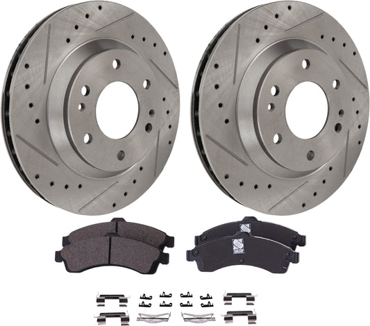 2-Wheel Set Front Brake Disc and Pad Kit, Cross-drilled and Slotted 305 mm Ceramic Pro-Line Series, Includes (1) Brake Pad Set and (2) Brake Disc