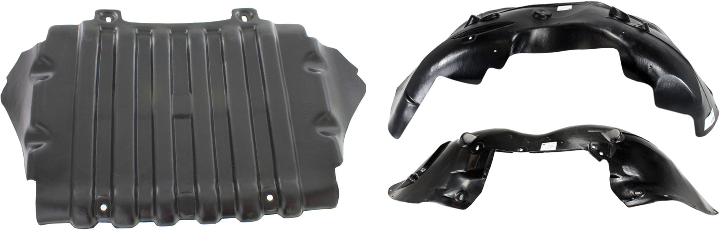 3-Piece Kit, Front, Driver and Passenger Side Fender Liner, Lower, For Models Without Luxury Package, Includes (1) Engine Splash Shield and (2) Fender Liner
