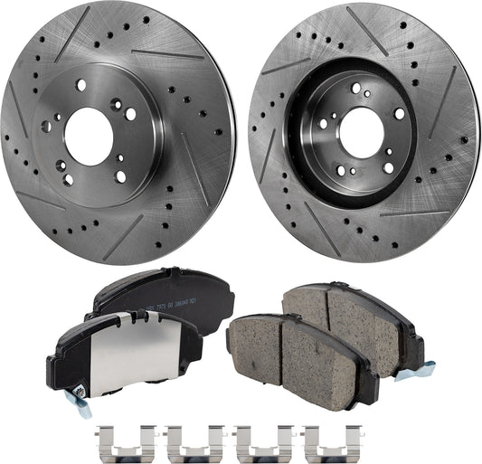 2-Wheel Set Front Brake Disc and Pad Kit, Cross-drilled and Slotted 299.97 mm Ceramic Pro-Line Series, Includes (1) Brake Pad Set and (2) Brake Disc