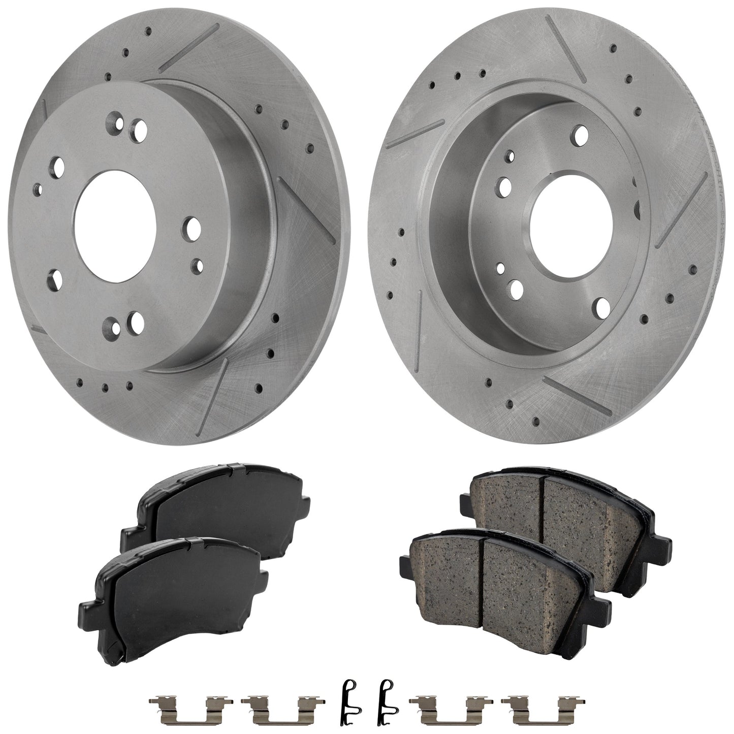 2-Wheel Set Front Brake Disc and Pad Kit, Cross-drilled and Slotted 276.86 mm Ceramic Pro-Line Series, Includes (1) Brake Pad Set and (2) Brake Disc