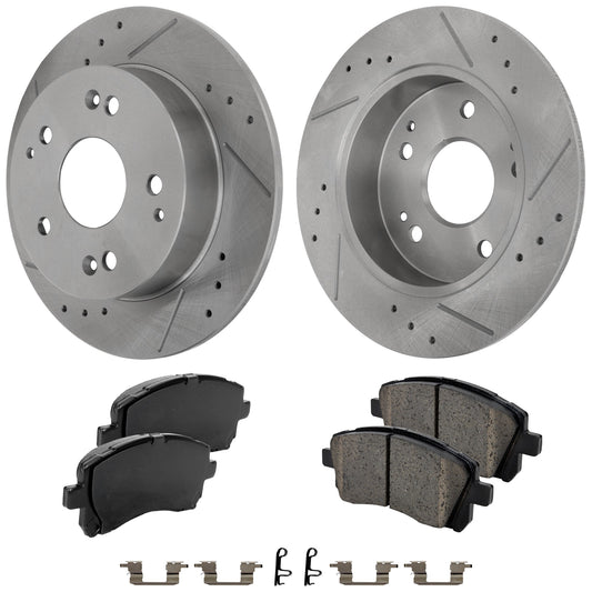 2-Wheel Set Front Brake Disc and Pad Kit, Cross-drilled and Slotted 276.86 mm Ceramic Pro-Line Series, Includes (1) Brake Pad Set and (2) Brake Disc