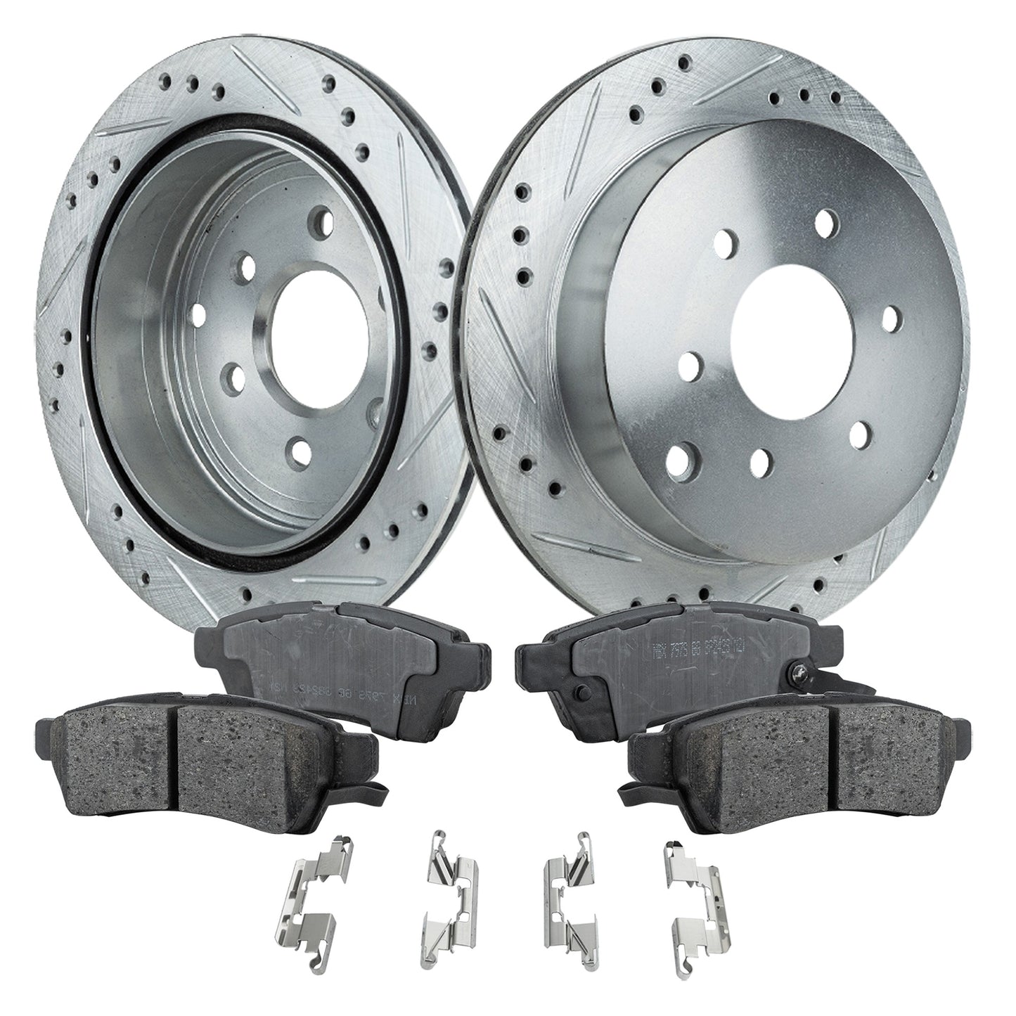 Комплект из 2 задних тормозных дисков и колодок, перфорированные и насеченные, 6 отверстий, 286 мм, керамические, серии Pro-Line, включает в себя (1) комплект тормозных колодок и (2) тормозных диска