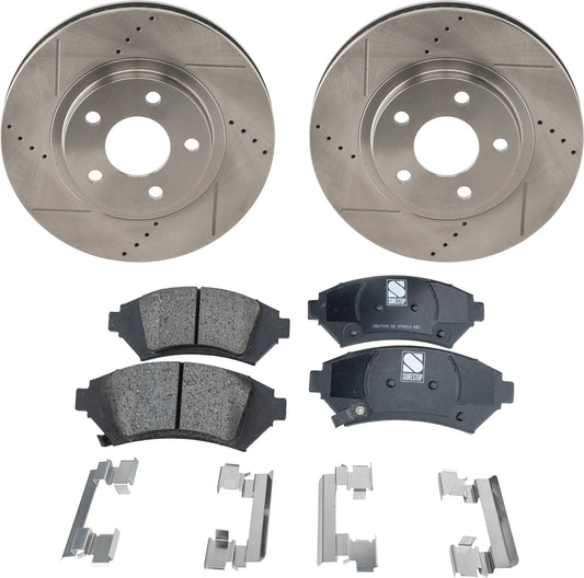 Комплект из 2 передних тормозных дисков и колодок, перфорированные и насеченные, керамические, серии Pro-Line диаметром 302,6 мм, включает в себя (1) комплект тормозных колодок и (2) тормозных диска