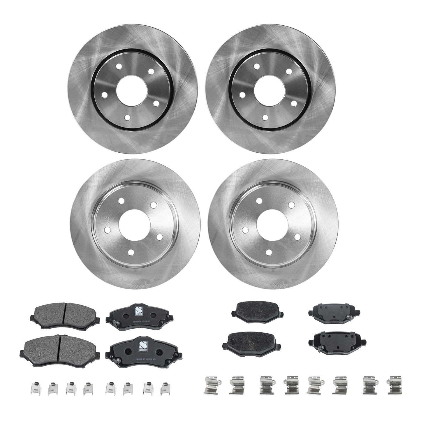 4-Wheel Set Brake Disc and Pad Kit, Plain Surface 5 Lugs Front-302.01 mm/Rear-305.05 mm Front-Semi-Metallic/Rear-Ceramic Pro-Line Series, Includes (2) Brake Pad Set and (4) Brake Disc