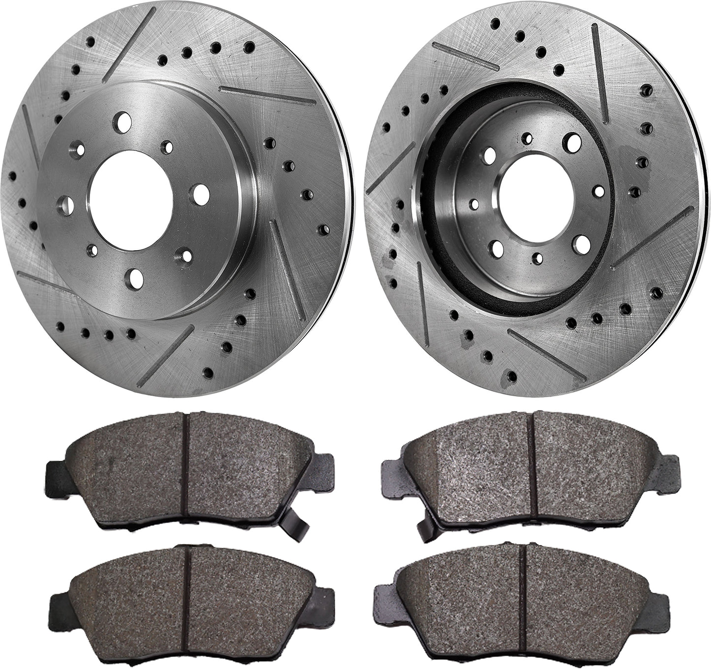 Комплект из 2 передних тормозных дисков и колодок, перфорированных и с насечками, керамические, серии Pro-Line диаметром 261,87 мм, включает в себя (2) тормозных диска и (1) комплект тормозных колодок