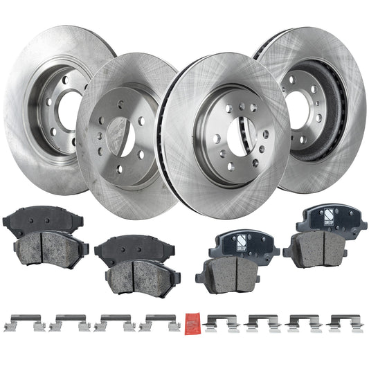 4-Wheel Set Front and Rear Brake Disc and Pad Kit, Plain Surface 6 Lugs Front-296.93 mm/Rear-299.97 mm Ceramic Pro-Line Series, Includes (2) Brake Pad Set and (4) Brake Disc