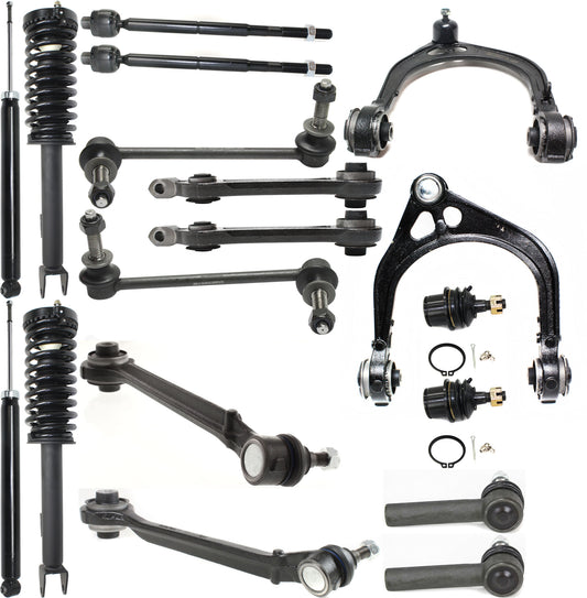 18-Piece Kit Front Control Arm Kit Includes (6) Control Arm, (2) Sway Bar Link, (2) Ball Joint, (4) Tie Rod End and (4) Shock Absorber and Strut Assembly