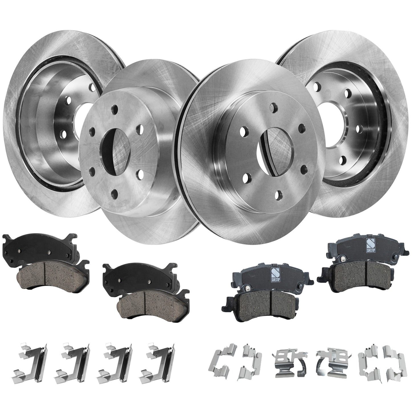 4-Wheel Set Front and Rear Brake Disc and Pad Kit, Plain Surface 6 Lugs Front-305.05 mm/Rear-325.12 mm Ceramic Pro-Line Series, Includes (2) Brake Pad Set and (4) Brake Disc