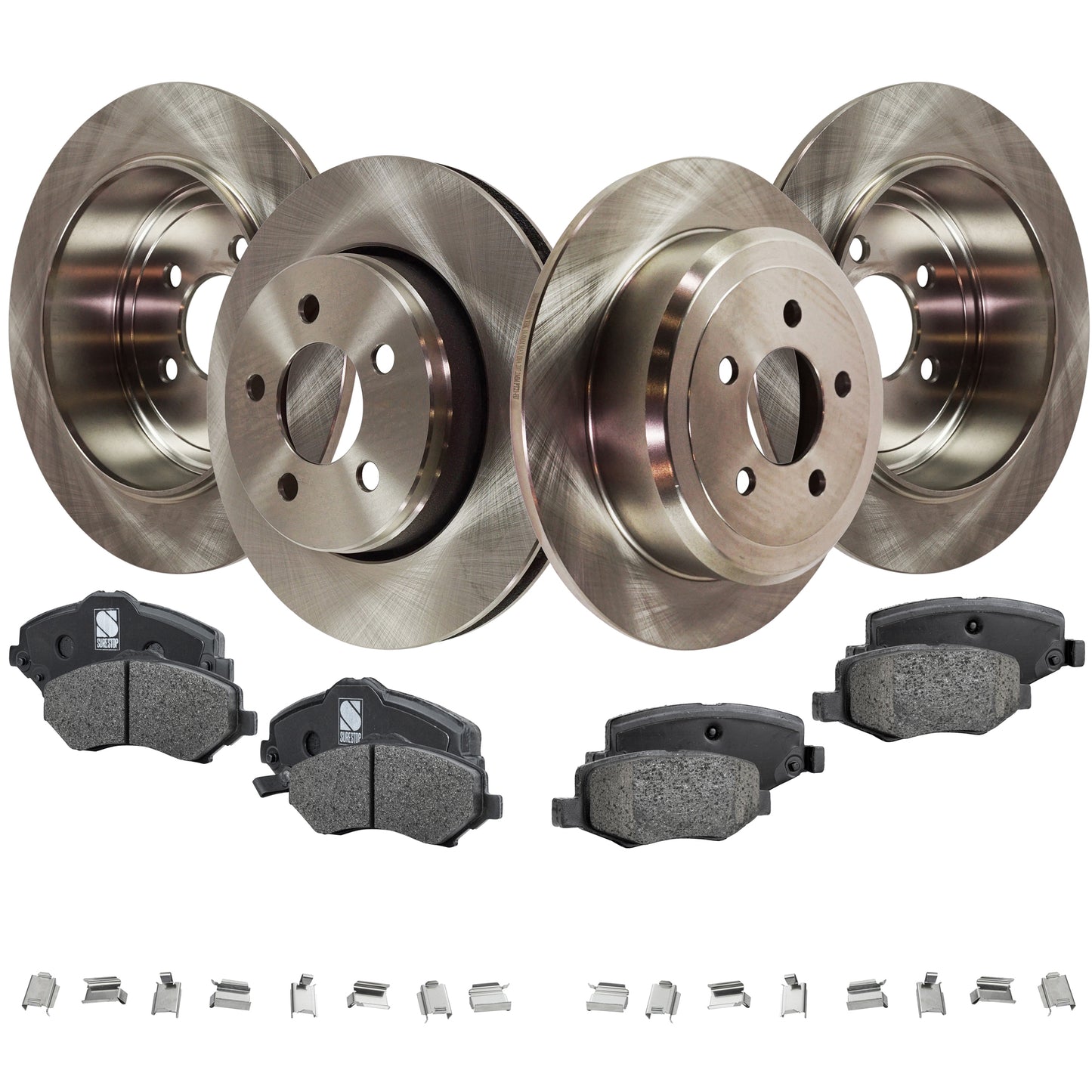 4-Wheel Set Front and Rear Brake Disc and Pad Kit, Plain Surface 5 Lugs Front-302.01 mm/Rear-315.98 mm Front-Semi-Metallic/Rear-Ceramic Pro-Line Series, Includes (2) Brake Pad Set and (4) Brake Disc