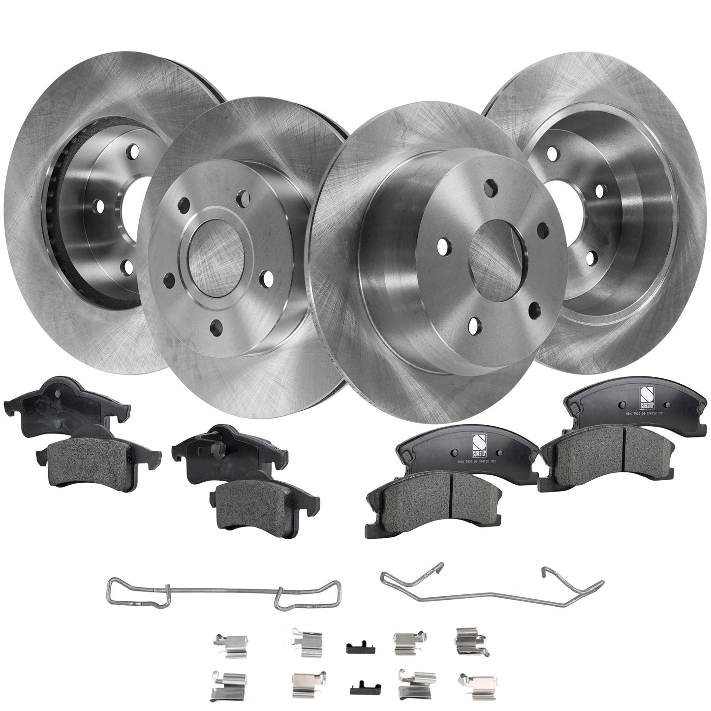 4-Wheel Set Front and Rear Brake Disc and Pad Kit, Plain Surface 5 Lugs Front and Rear-305.05 mm Front-Ceramic/Rear-Semi-Metallic Pro-Line Series, Includes (4) Brake Disc and (2) Brake Pad Set