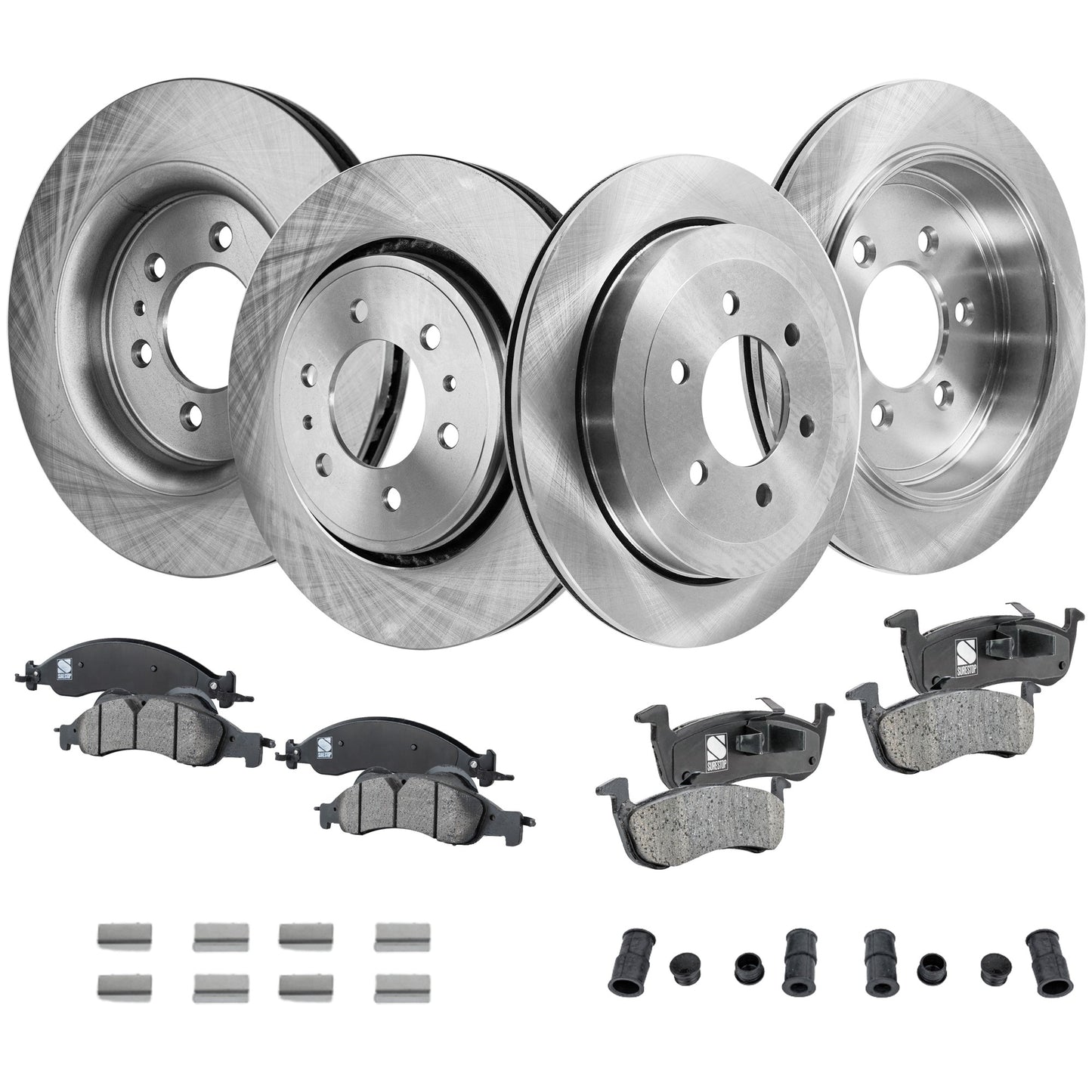 4-Wheel Set Brake Disc and Pad Kit, Plain Surface 6 Lugs Front-350.01 mm/Rear-341.88 mm Ceramic Pro-Line Series, Includes (4) Brake Disc and (2) Brake Pad Set