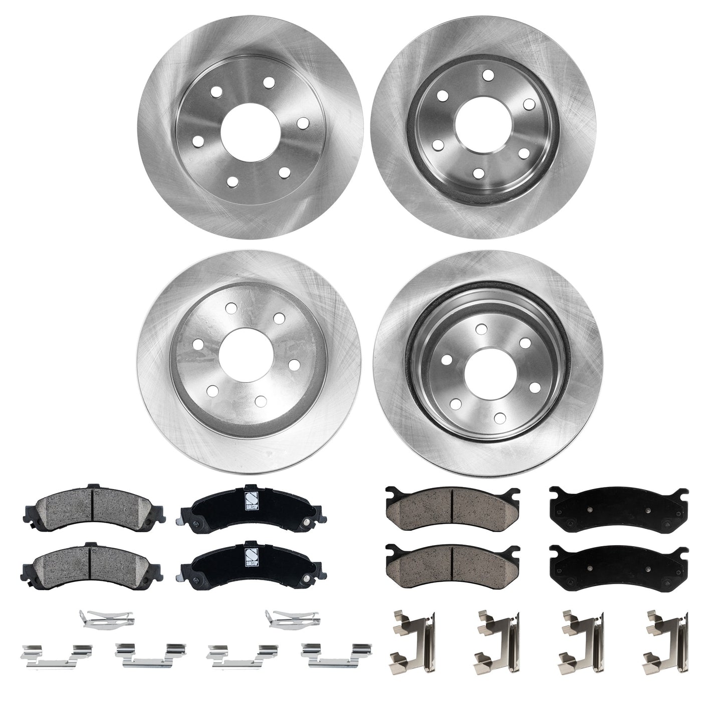 4-Wheel Set Front and Rear Brake Disc and Pad Kit, Plain Surface 6 Lugs Front-305.05 mm/Rear-329.69 mm Ceramic Pro-Line Series, Includes (2) Brake Pad Set and (4) Brake Disc