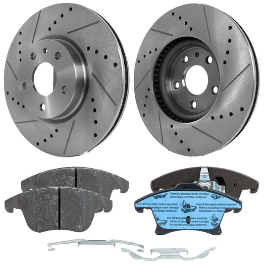 Комплект из 2 передних тормозных дисков и колодок, перфорированные и насеченные, керамические, серии Pro-Line диаметром 300 мм, включает в себя (2) тормозных диска и (1) комплект тормозных колодок