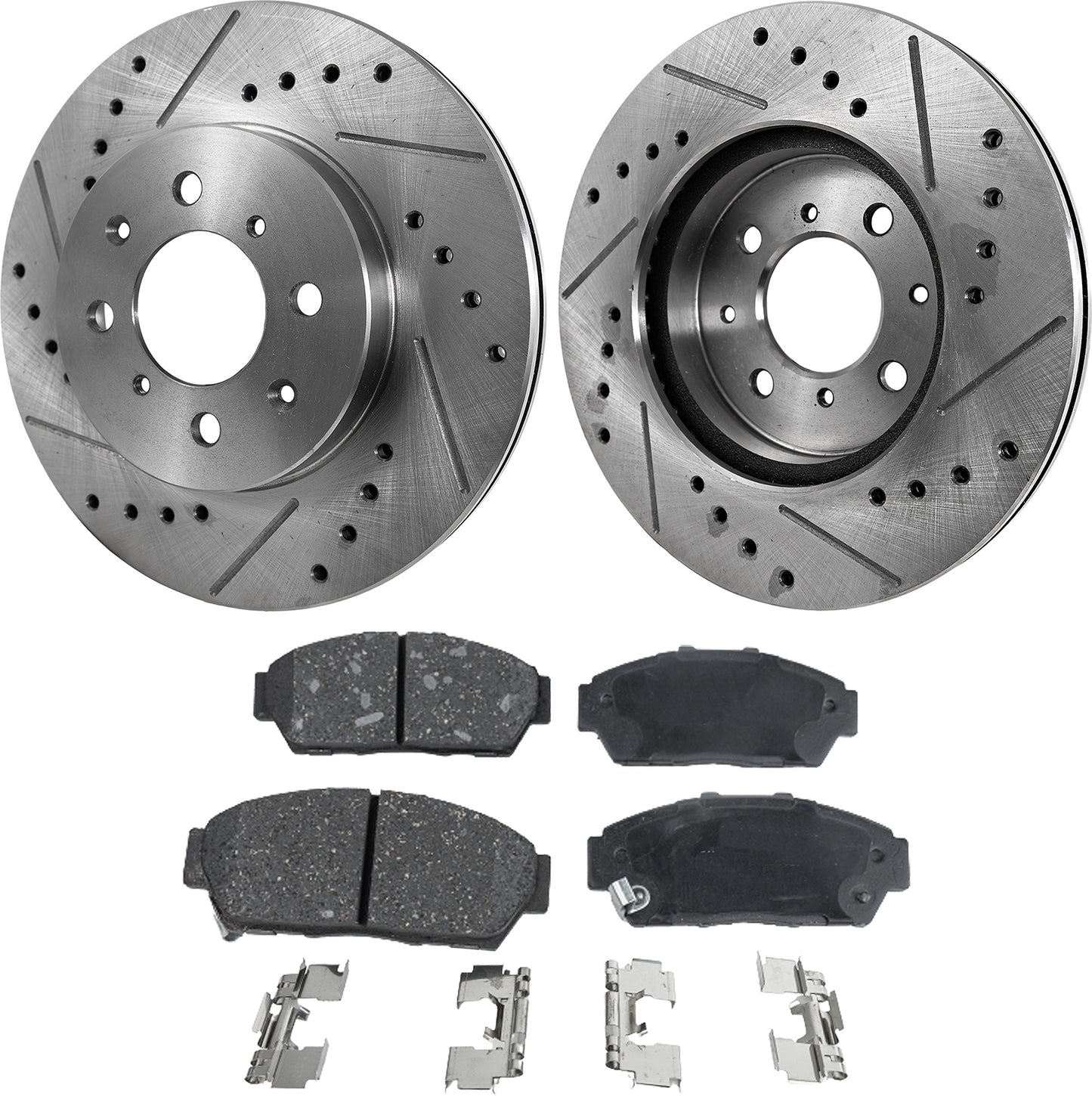Комплект из 2 передних тормозных дисков и колодок, перфорированных и с насечками, керамические, серии Pro-Line диаметром 261,87 мм, включает в себя (2) тормозных диска и (1) комплект тормозных колодок