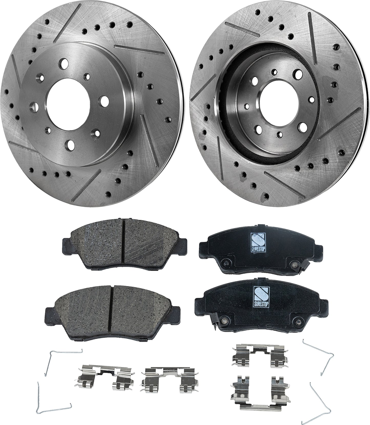 Комплект из 2 передних тормозных дисков и колодок, перфорированных и с насечками, керамические, серии Pro-Line диаметром 261,87 мм, включает в себя (2) тормозных диска и (1) комплект тормозных колодок