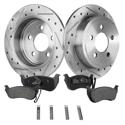 Комплект из 2 задних тормозных дисков и колодок, перфорированные и насеченные, 5 болтов, 285 мм, керамические, серии Pro-Line, включает в себя (2) тормозных диска и (1) комплект тормозных колодок