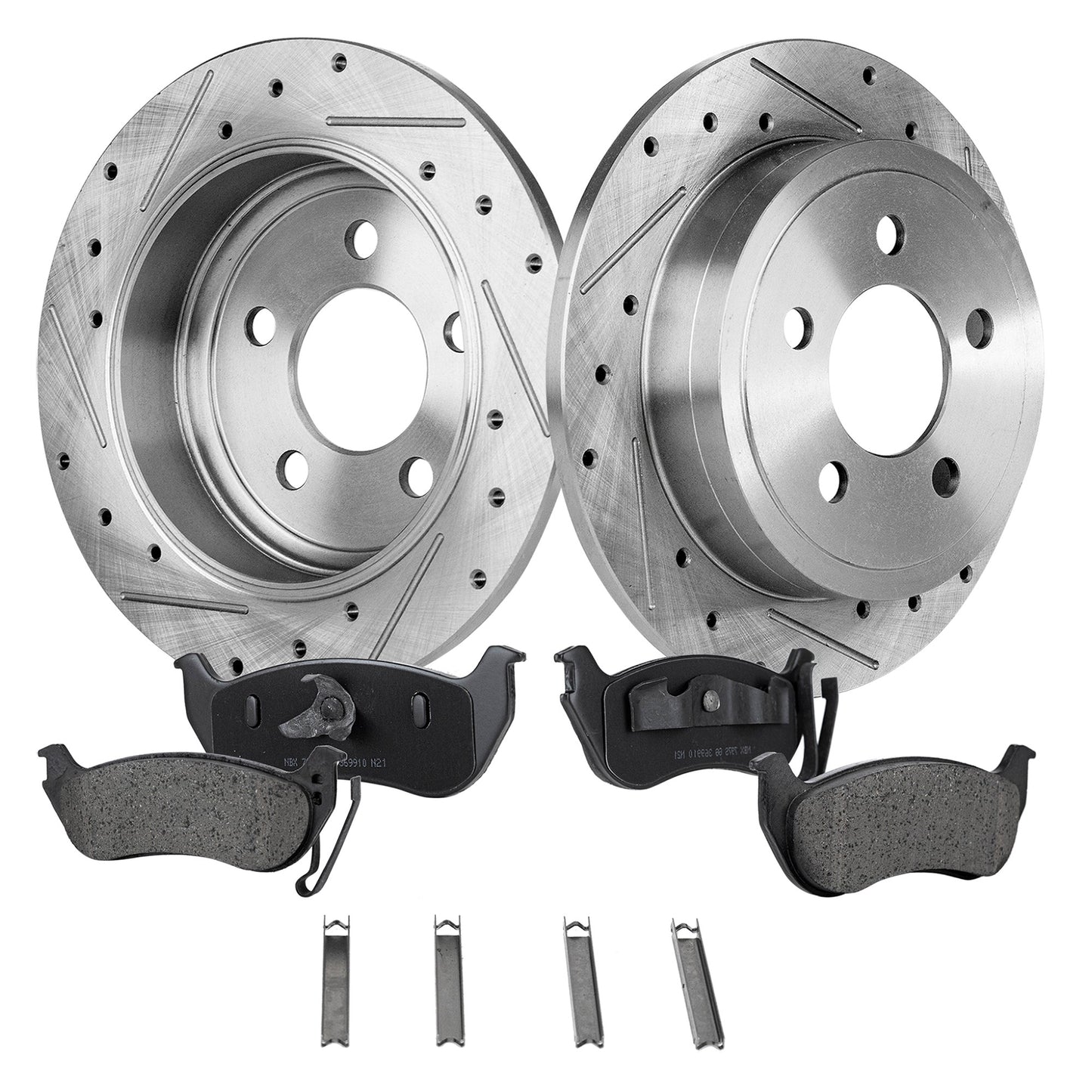 Комплект из 2 задних тормозных дисков и колодок, перфорированные и насеченные, 5 болтов, 285 мм, керамические, серии Pro-Line, включает в себя (2) тормозных диска и (1) комплект тормозных колодок