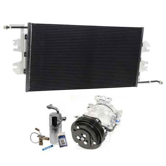 Комплект из 3-х компонентов: компрессор кондиционера, с муфтой, 6-канавочным шкивом, включает в себя (1) компрессор кондиционера, (1) конденсатор кондиционера и (1) комплект для обслуживания кондиционера