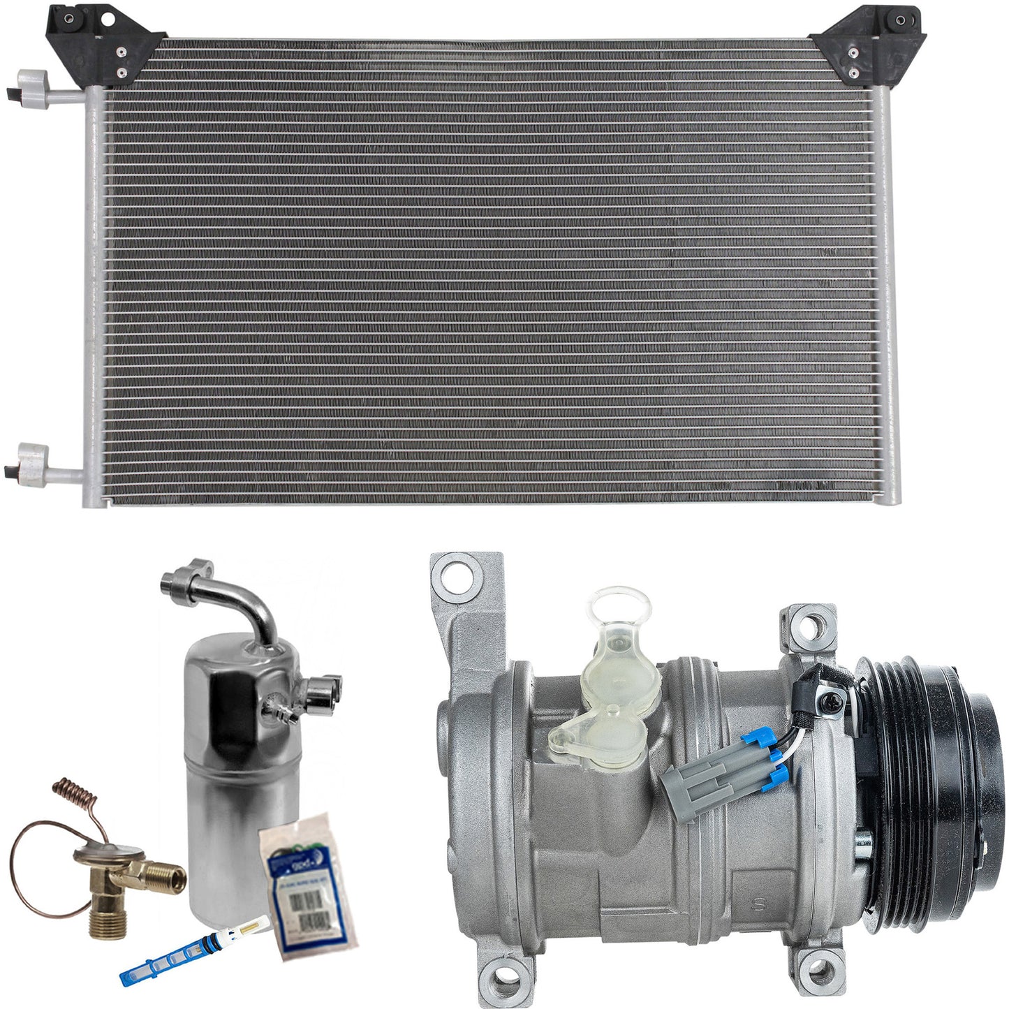 Комплект из 3-х компонентов: компрессор кондиционера, с муфтой, шкивом с 4 канавками, включает в себя (1) компрессор кондиционера, (1) конденсатор кондиционера и (1) комплект для обслуживания кондиционера