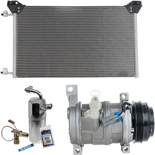 Комплект из 3-х компонентов: компрессор кондиционера, с муфтой, шкивом с 4 канавками, включает в себя (1) компрессор кондиционера, (1) конденсатор кондиционера и (1) комплект для обслуживания кондиционера