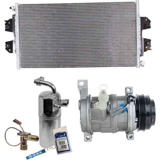Комплект из 3-х компонентов: компрессор кондиционера, с муфтой, шкивом с 4 канавками, включает в себя (1) компрессор кондиционера, (1) конденсатор кондиционера и (1) комплект для обслуживания кондиционера