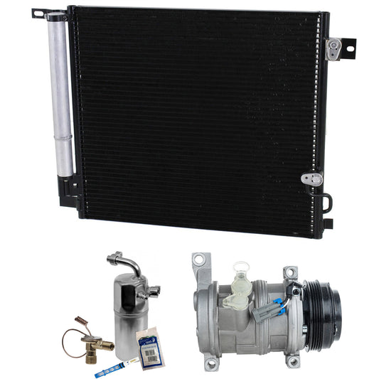 Комплект из 3-х компонентов: компрессор кондиционера, с муфтой, шкивом с 4 канавками, включает в себя (1) компрессор кондиционера, (1) конденсатор кондиционера и (1) комплект для обслуживания кондиционера