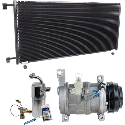 Комплект из 3-х компонентов: компрессор кондиционера, с муфтой, шкивом с 4 канавками, включает в себя (1) компрессор кондиционера, (1) конденсатор кондиционера и (1) комплект для обслуживания кондиционера