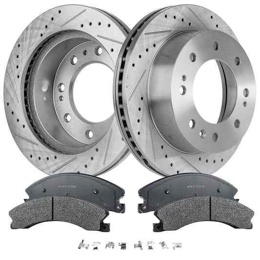 Комплект из 2 передних тормозных дисков и колодок, перфорированных и прорезанных, 8 отверстий, 355 мм, полуметаллические, серия Pro-Line, включает в себя (1) комплект тормозных колодок и (2) тормозных диска
