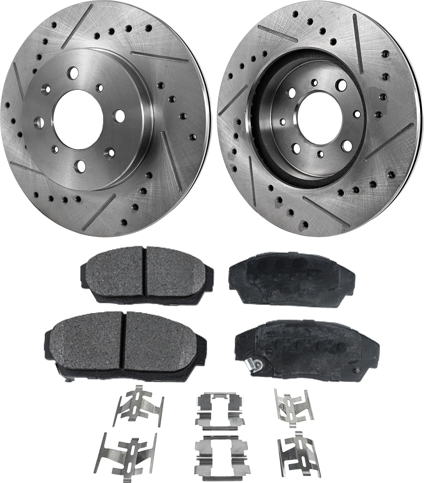Комплект из 2 передних тормозных дисков и колодок, перфорированных и с насечками, керамические, серии Pro-Line диаметром 261,87 мм, включает в себя (2) тормозных диска и (1) комплект тормозных колодок