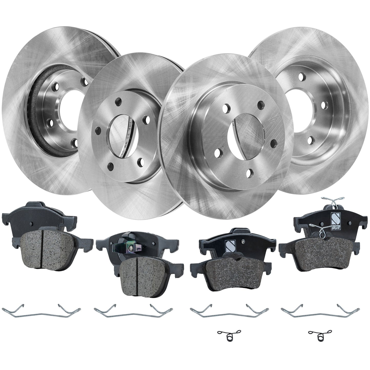 4-Wheel Set Front and Rear Brake Disc and Pad Kit, Plain Surface 5 Lugs Front-277.88 mm/Rear-264.92 mm Front-Ceramic/Rear-Organic Pro-Line Series, Includes (4) Brake Disc and (2) Brake Pad Set