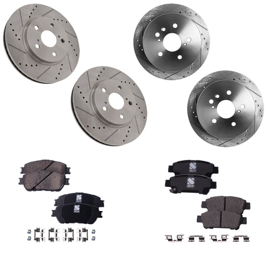 Комплект тормозных дисков и колодок на 4 колеса: передние и задние, перфорированные и с насечками, серия Ceramic Pro-Line (296 мм спереди и 291 мм сзади), в комплект входят (4) тормозных диска и (2) тормозных колодок