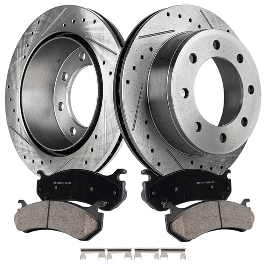 Комплект тормозных дисков и колодок для 4 колес (передних и задних), перфорированные и с насечками, серия Pro-Line 329,95 мм, включает в себя (1) комплект тормозных колодок и (2) тормозных диска