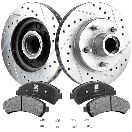 2-Wheel Set Front Brake Disc and Pad Kit, Cross-drilled and Slotted 5 Lugs 266.7 mm Ceramic RWD Pro-Line Series, Includes (1) Brake Pad Set and (2) Brake Disc