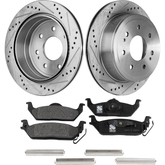 2-Wheel Set Rear Brake Disc and Pad Kit, Cross-drilled and Slotted 7 Lugs 348 mm Semi-metallic Pro-Line Series, Includes (1) Brake Disc and (1) Brake Pad Set