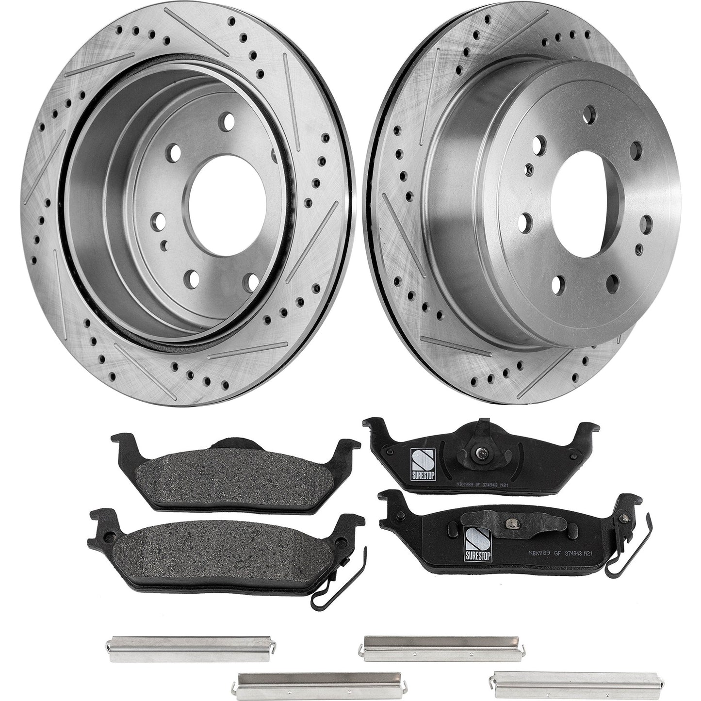 2-Wheel Set Rear Brake Disc and Pad Kit, Cross-drilled and Slotted 7 Lugs 348 mm Semi-metallic Pro-Line Series, Includes (1) Brake Disc and (1) Brake Pad Set