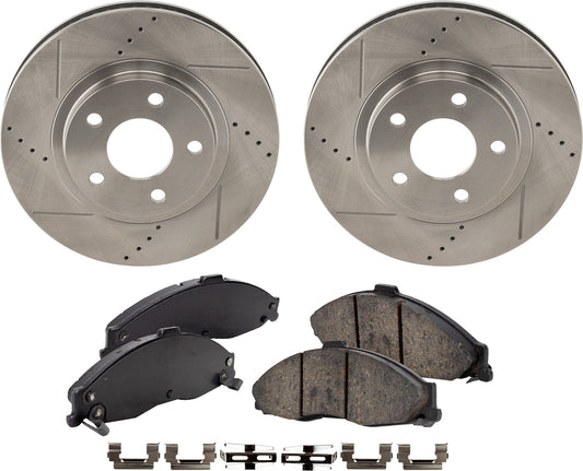 2-Wheel Set Front Brake Disc and Pad Kit, Cross-drilled and Slotted 302.6 mm Ceramic Pro-Line Series, Includes (1) Brake Pad Set and (2) Brake Disc