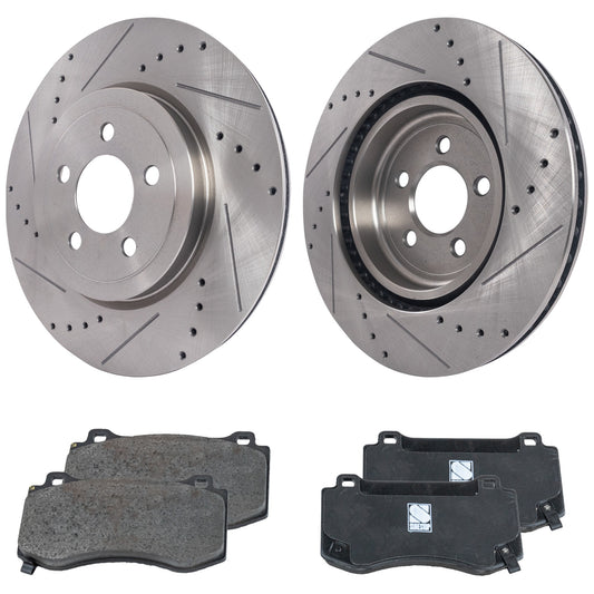 2-Wheel Set Front Brake Disc and Pad Kit, Cross-drilled and Slotted 344.93 mm Semi-metallic Pro-Line Series, Includes (1) Brake Pad Set and (2) Brake Disc