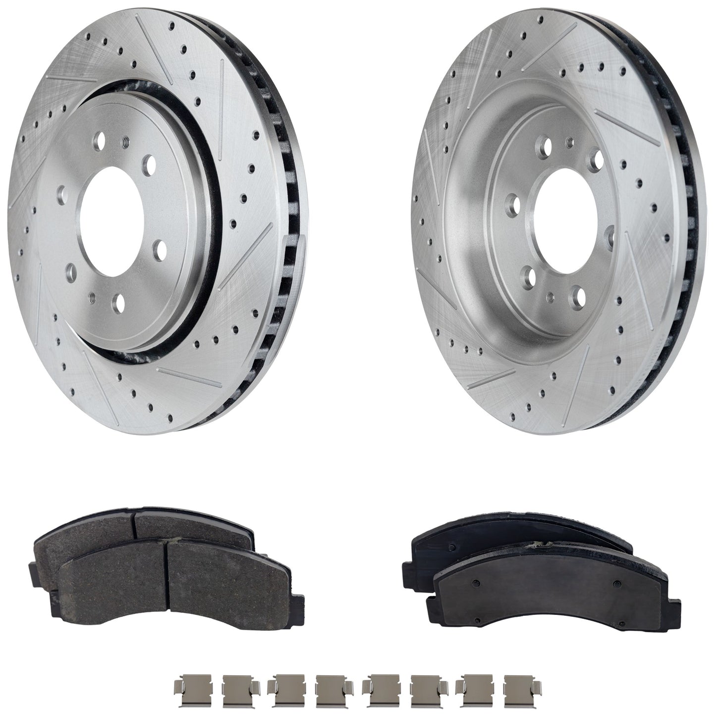 2-Wheel Set Front Brake Disc and Pad Kit, Cross-drilled and Slotted 6 Lugs 350.01 mm Semi-metallic Pro-Line Series, Includes (1) Brake Pad Set and (2) Brake Disc