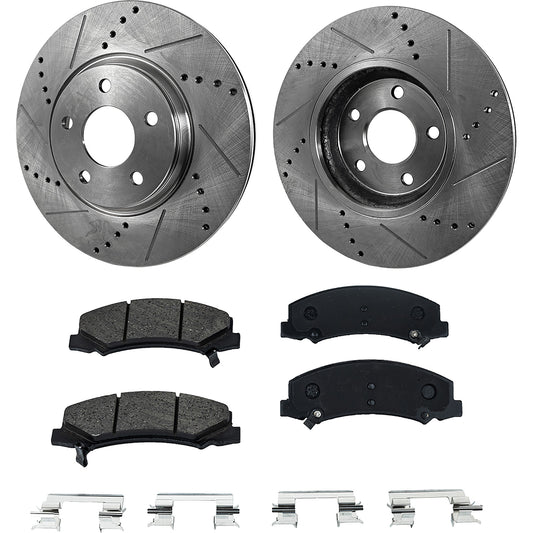 2-Wheel Set Front Brake Disc and Pad Kit, Cross-drilled and Slotted 303 mm Ceramic Pro-Line Series, Includes (1) Brake Pad Set and (2) Brake Disc