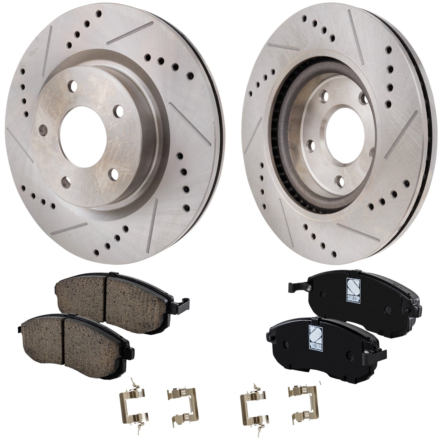 2-Wheel Set Front Brake Disc and Pad Kit, Cross-drilled and Slotted 295.5 mm Ceramic Pro-Line Series, Includes (1) Brake Pad Set and (2) Brake Disc