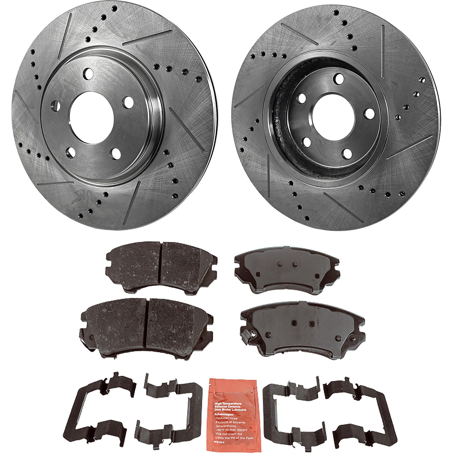 2-Wheel Set Front Brake Disc and Pad Kit, Cross-drilled and Slotted 321 mm Ceramic Pro-Line Series, Includes (2) Brake Disc and (1) Brake Pad Set